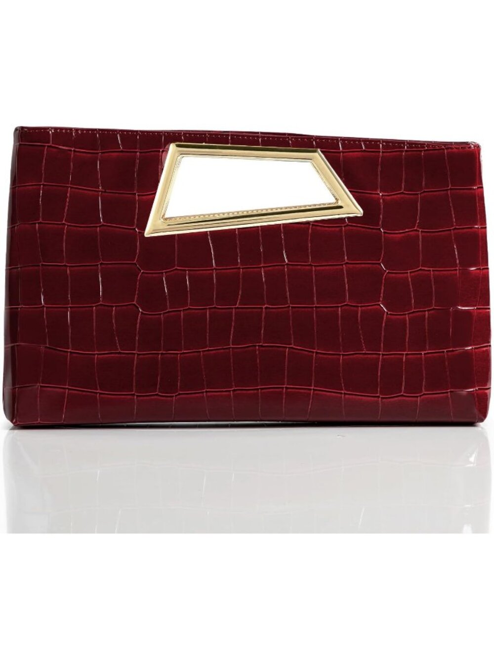 Women's Dark Red Pu Leather Clutch Metallic Geo Top Handle Evening Bag Party